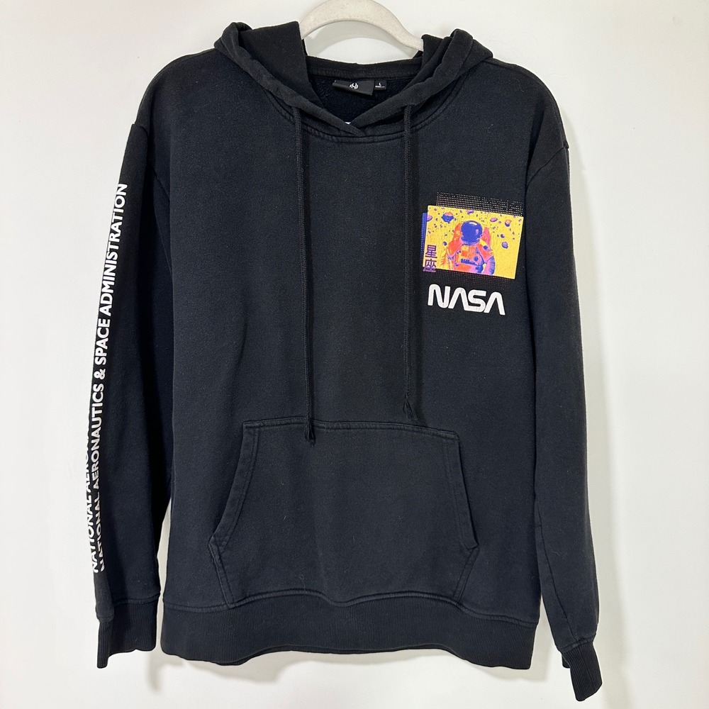 Hyper Space NASA Astronaut Graphic Hoodie Mens Large Black Cotton Blend Pullover